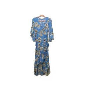 UMGEE Gorgeous Womens Blue Floral Flare Sleeve Hi Low Wrap Dress Sz S Boho Flowy
